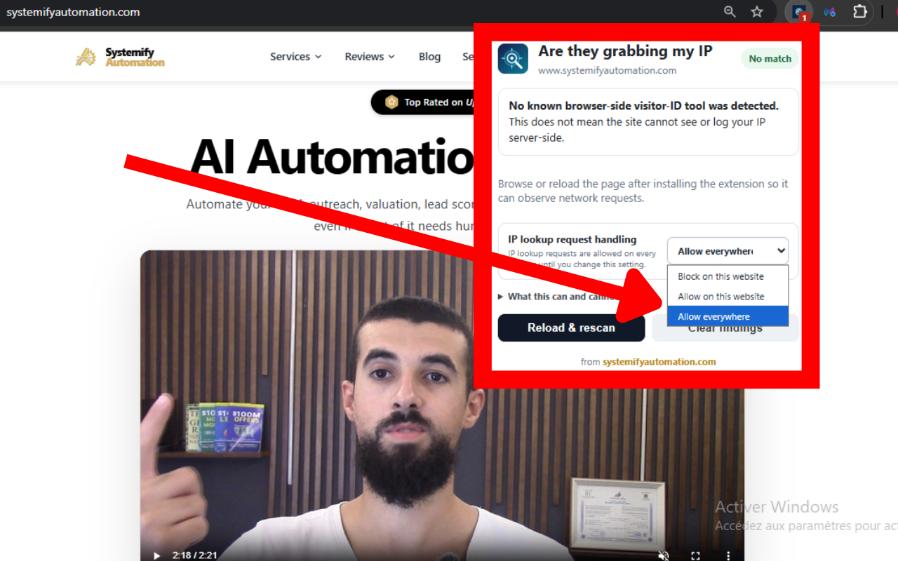Extension popup showing the selected website exception control