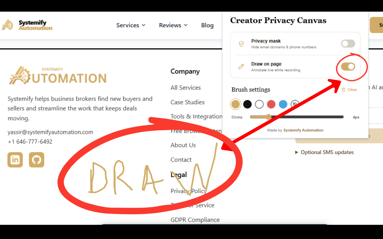 Creator Privacy Canvas popup with Draw on page enabled and a drawing on the page